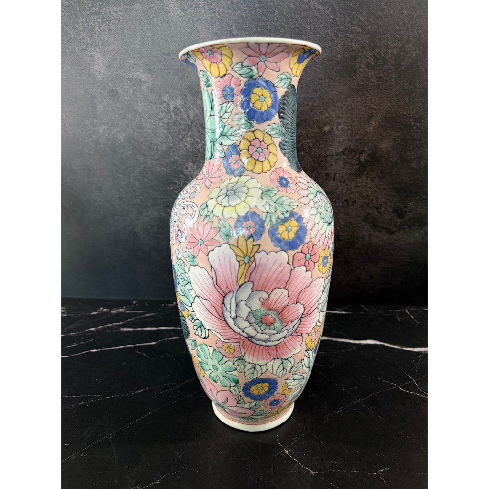 Vintage Chinese Import Floral Porcelain Chinoiserie Baluster Vase 14in Tall